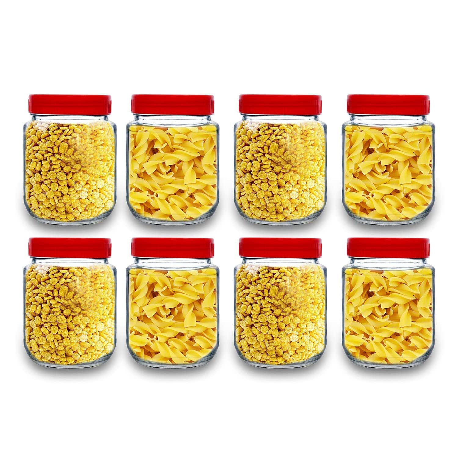 Feelopie Aahar Jar with Red Lid for Lentils, Food, Pickles, Spices, Sweets, Snacks, Rice, Kitchen Storage (500ml, Set Of 4)